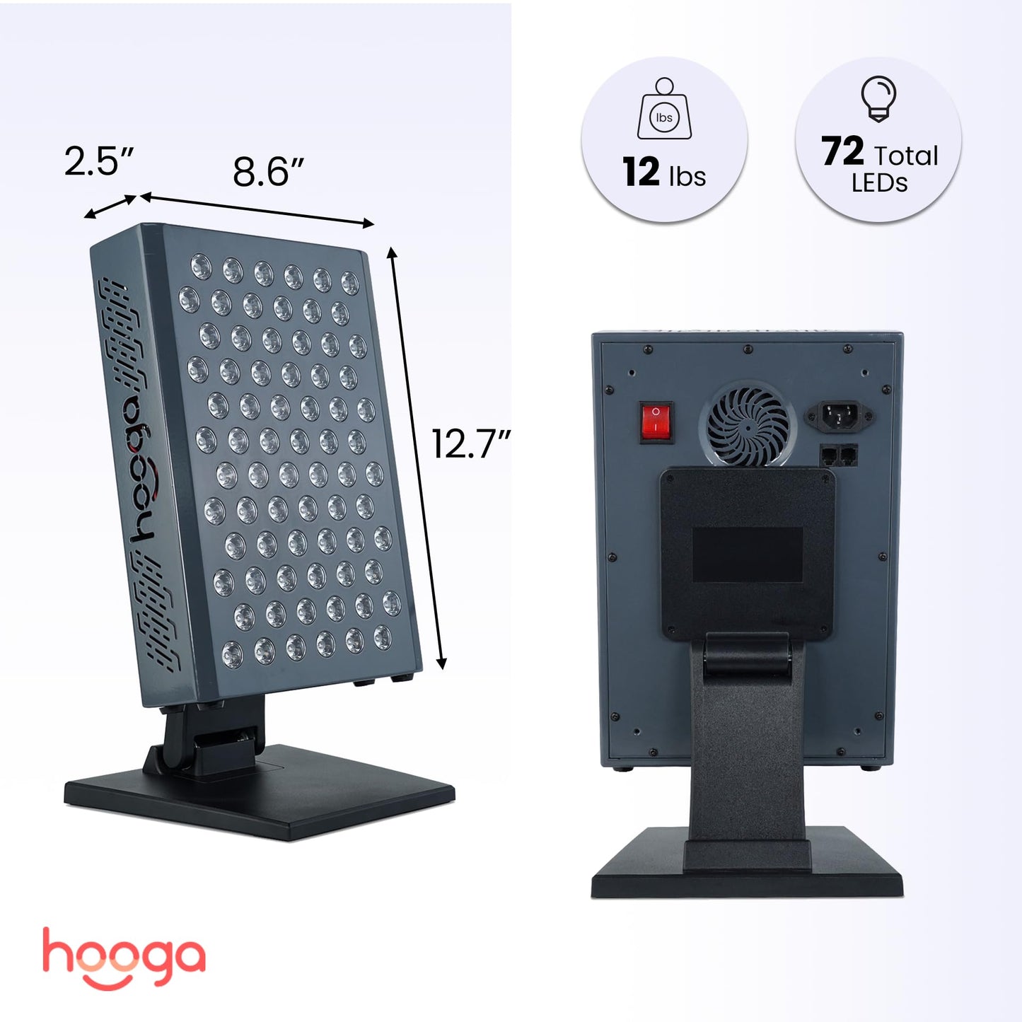 Hooga Red Light Therapy, Red Near Infrared LED Panel, 72 Quad Chip Flicker Free LEDs, Ultra Series, Clinical Grade Device for Energy, Pain, Skin, Recovery, Sleep, Performance. ULTRA360.